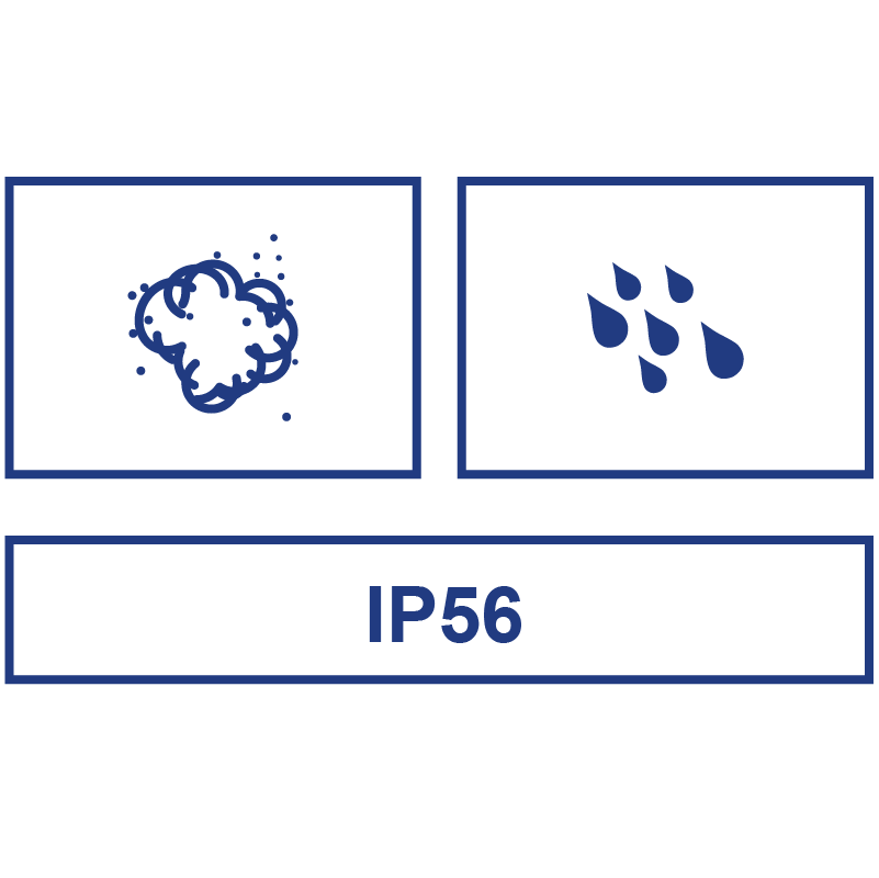 Gráfico con dos símbolos y una etiqueta que indica el grado de protección IP56. El primer símbolo representa la protección contra el polvo y el segundo símbolo indica la resistencia al agua. Debajo de los símbolos, IP56 se muestra en negrita, lo que significa protección contra partículas de polvo y agua.
